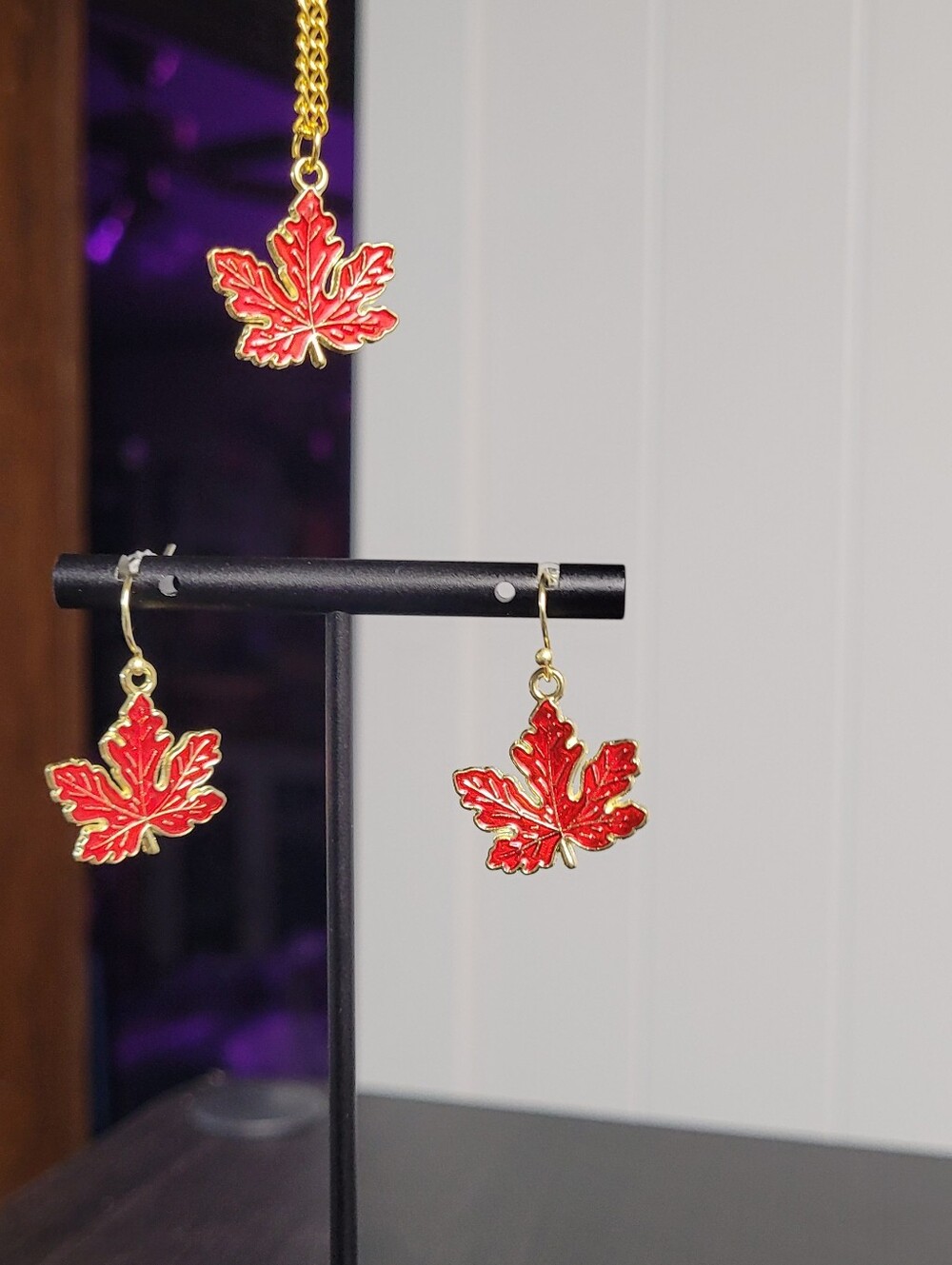 Hand Crafted Red & Gold Maple Leaf Dangle Earrings